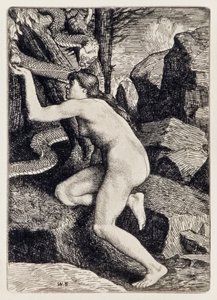 Eva pokoušená Satanem v podobě hada ze ztraceného ráje John Milton (1608-1674) série 12 ilustrací vyleptaných Williamem Strangem (1859-1921)